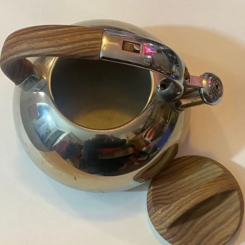 Polished Silver Kettle with Wooden Accents
